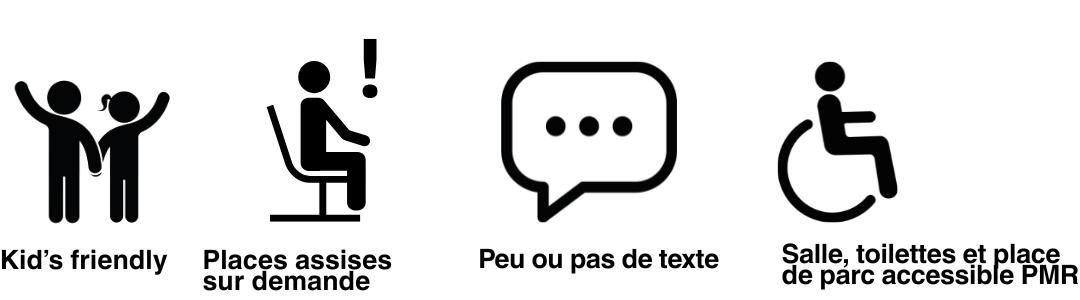 Kids friendly, Places assises sur demande, peu ou pas de texte, salle, toilettes et parking PMR