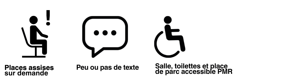 Places assises sur demande, peu ou pas de texte, salle, toilettes et parking PMR
